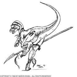 1990s 1994 20th_century ambiguous_gender anus baron_engel black_and_white claws dinosaur feral monochrome polearm raptor reptile scalie solo spear tribal weapon western_art