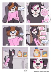 2025 anthro appliance black_hair blep blue_eyes blush brown_hair bulge canid canine canis chair clothing colored comic comic_panel desk detergent dialogue digital_drawing_(artwork) digital_media_(artwork) domestic_dog duo english_text erection erection_under_clothing femboy femboy/femboy friend's_mom furniture genitals hair hi_res highlights_(coloring) husky laundry_machine leggings legwear male male/male mammal mischevious nordic_sled_dog office_chair on_chair open_mouth penis pink_clothing pink_eyes pink_highlights pink_shirt pink_topwear romantic sammi_(woofyrainshadow) shirt siberian_husky simple_background sitting sitting_on_chair speech_bubble spitz standing table tail teasing text tongue tongue_out topwear washing_machine woofy_(woofyrainshadow) woofyrainshadow
