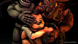3boys 3d 3d_(artwork) animal_genitalia animal_penis animatronic anthro anthro_male anthro_only bear big_cock big_penis black_top_hat black_tophat blue_eyes brown_body canine canine_genitalia canine_penis claws cock curse_of_dreadbear dick dreadbear five_nights_at_freddy's five_nights_at_freddy's:_help_wanted fnaf fox freddy_(fnaf) furry furry_male furry_only gay genitals green_body grim_foxy hand_on_head hat knot knotted_penis large_cock large_penis looking_at_penis male male_anthro male_furry male_only metal no-human no_human no_humans non-human non-human_only only_furry only_male orange_body penis penis_on_shoulder png robot sfm sharp_claws sharp_teeth source_filmmaker top_hat tophat trio ursid ursine vulpine yoshua40sfm