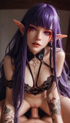 1boy 1girls ai_generated alternative_version bottomless bra breasts cowgirl_position ear_piercing earrings elf_ears esil_radiru eyelashes eyeliner female lingerie looking_at_viewer male markings medium_breasts penetration penis pointy_ears pov pov_eye_contact purple_eyes purple_hair pussy realistic scarletio sex solo_leveling stable_diffusion tattoo tattooed_arm vaginal_penetration very_long_hair