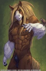 2025 ambiguous_gender animal_genitalia anthro anthro_focus balls berrand blonde_hair brown_body brown_fur canid canine canis dipstick_tail duo ear_piercing ear_ring equid equine feral fingers fully_sheathed fur genitals gloves_(marking) green_eyes hair hi_res hooved_fingers hooves horse male male_focus mammal markings nipples nude penis penis_tip piercing ring_piercing sheath solo_focus stasis_delirium tail tail_markings wolf
