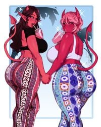 2girls ass big_ass big_breasts black_hair black_sclera charlotte_(succuboos) crop_top dat_ass female female_only flare_pants forbidden_pants hand_holding high_waisted_pants horns long_hair looking_at_viewer looking_back looking_back_at_viewer meme milf mother_and_daughter pink_eyes pink_hair pointy_ears rear_view red_eyes red_skin skin_tight succuboos succubus succubus_tail tail thick_ass valeria_(succuboos) very_high_resolution