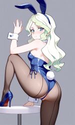 ai_generated ass blush bunny_ears bunny_girl bunny_tail bunnygirl bunnysuit diana_cavendish heels leg_lift leg_on_table legs_up little_witch_academia stockings