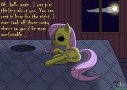 ass bed black_eyes chains collar creepy english_text equine female fluttershy_(mlp) friendship_is_magic hair inside lying mammal moon my_little_pony night oddy_mcstrange on_side pussy pussy_juice scar solo text undead