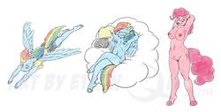 2014 anthro anthrofied blue_eyes clothing cloud cutie_mark equine ethanqix female flying friendship_is_magic group hooves horse mammal my_little_pony nipples nude pegasus pinkie_pie_(mlp) pony purple_eyes pussy rainbow_dash_(mlp) shorts sitting standing straight_hair tongue tongue_out wings