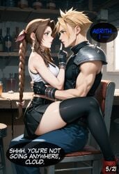 1boy 1girls aerith_gainsborough ai_generated biceps blonde_hair blonde_hair_male blue_eyes cloud_strife cosplay english_text face-to-face female final_fantasy final_fantasy_vii final_fantasy_vii_remake fingerless_gloves gloves green_eyes long_hair male male/female miniskirt muscular_male on_lap ponytail short_skirt shushing sitting_on_lap sports_bra straight thick_thighs thighhighs tifa_lockhart_(cosplay)