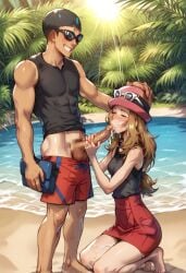ai_generated beach blowjob buff buff_male cum oral_sex pokemon serena_(pokemon) sex skinny_female sucking_penis sweat swimmer_(pokemon_xy) tan_body