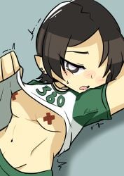 1_eye 1girls artstyle_imitation artstyle_test blush censored_nipples covered_eye covered_nipples cross exposing_chest female lifting_shirt nipple_stickers no_sex piercing player_380 se-mi self_upload short_hair solo squid_game twitching unl.kabura watermark