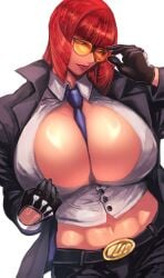 absurdres belt black_gloves breasts cleavage commentary_request commission cosplay crimson_viper female gloves highres huge_breasts large_breasts looking_at_viewer marisa_rossetti muscular muscular_female necktie open_clothes red_hair short_hair skeb_commission solo street_fighter street_fighter_6 suit sunglasses yellow_eyes zmnjo1440