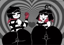 2022 2d 2d_animation 2girls animated animated_gif ass beret black_hair black_hair_female bonbon_(derpixon) bouncing_breasts chuchu_(derpixon) cleavage clothed_female gif gloves heart mime mime_and_dash mime_girl mimes penis penis_between_thighs scarf thigh_job thigh_sex yournightlydesires