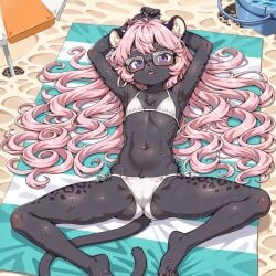 ai_generated armpits arms_above_head barely_visible_cameltoe beach_towel black_fur curly_hair flat_chest glasses gunsmith576 legs_spread panther_ears panther_girl panther_humanoid panther_print panther_tail pink_hair purple_eyes small_ass wet_body white_bikini