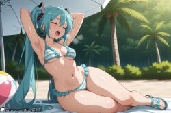 ai_generated areolae ass big_ass bikini blush breasts cameltoe eating feet hatsune_miku long_hair looking_at_viewer medium_breasts micro_bikini mirageart sandals solo solo_focus striped_panties toenail_polish toes turquoise_eyes turquoise_hair twintails vocaloid