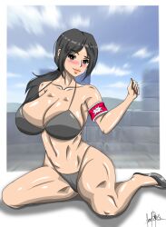 almost_naked attack_on_titan big_breasts bikini dilane93 high_heels looking_at_viewer outside pieck_finger shingeki_no_kyojin sitting sitting_on_side stiletto_heels tied_hair underwear