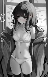 ... 2024 absurdres black_hair black_thighhighs blush bra breasts closed_mouth coat collarbone cowboy_shot female grey_coat greyscale highres inabakumori long_hair low_twintails monochrome mv_character navel open_clothes open_coat osage-chan panties sak_(lemondisk) small_breasts solo spoken_ellipsis stomach thighhighs twintails underwear vocaloid white_bra white_panties