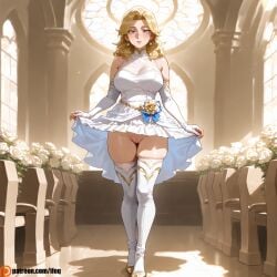 ai_generated big_ass big_breasts blonde_hair blue_eyes bride costume dress_lift female_only ifoq invisible_woman invisible_woman_(marvel_rivals) marvel marvel_rivals solo tape taped_pussy wedding wedding_dress