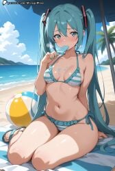 ai_generated areolae ass big_ass bikini blush breasts cameltoe eating feet hatsune_miku long_hair looking_at_viewer medium_breasts micro_bikini mirageart sandals solo solo_focus striped_panties toenail_polish toes turquoise_eyes turquoise_hair twintails vocaloid