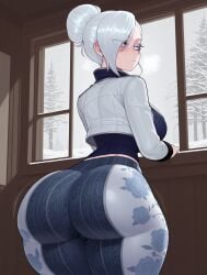 1girls ai_generated ass ass_focus big_ass big_breasts blue_eyes breasts female female_only forbidden_pants huge_ass large_ass light-skinned_female looking_at_viewer looking_back muscular_female ponytail rear_view rwby slender_waist thin_waist tight_clothing white_hair wide_hips winter_schnee