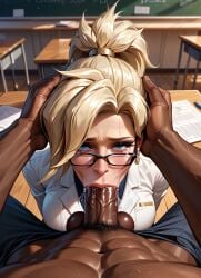 ai_generated angela_ziegler big_breasts big_penis black_cock blonde_hair bluewerewolf cum cum_in_mouth interracial mercy mercy_(overwatch) overwatch squirting teacher