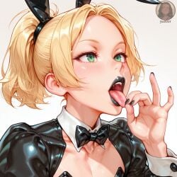 1boy ai_generated bunnysuit crossdressing fellatio_face fellatio_gesture femboy hung_trap inviting inviting_to_oral portrait tagme trap yo0001