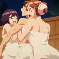 1boy 2girls adam's_sweet_agony akari_(modaete_yo,_adam-kun) bangs big_breasts blushing braid breast_press breasts brown_eyes brown_hair button_down_shirt completely_nude grabbing hot_spring hug hugging hugging_from_behind kaede-sensei_(modaete_yo,_adamu-kun) mature milf modaete_yo,_adamu-kun naked naked_towel night nude onsen open_mouth outdoors ponytail short_hair steam studio_hokiboshi teacher teenage_girl towel towel_only toyo