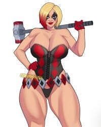 1girls ass ass_visible_through_thighs breasts cleavage dc dc_comics female female_focus female_only harley_quinn jakuson_z large_breasts light-skinned_female light_skin looking_at_viewer solo thick_thighs thighs wide_hips