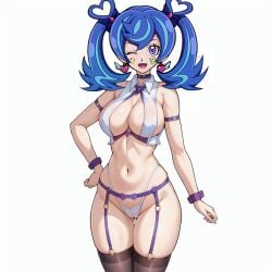 1girls abdomen ai_generated blue_angel blue_hair breasts earrings female full_body heart legwear lingerie navel no_bra one_eye_closed open_mouth pose purple_eyes smile solo thighs twintails underwear voluptuous white_background yin_fu_hexian yu-gi-oh! yu-gi-oh!_vrains zaizen_aoi