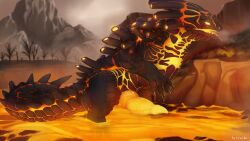 16:9 black_body black_claws black_scales claws dragon elemental_creature erection feral genitals grass hi_res l.gecko lava lava_creature male mineral_fauna mythological_creature mythological_scalie mythology orange_knot penis plant rock scales scalie solo widescreen yellow_penis