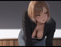 ai_generated big_breasts blush blush cleavage down_blouse downblouse hanging_breasts large_breasts short_hair teacher