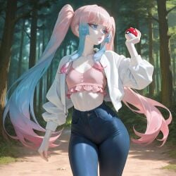 ai_generated bangs blue_eyes blue_hair ellinor_(plopendil) forest forest_background gradient_hair half-closed_eyes holding_object jeans long_hair long_sidelocks long_twintails looking_away navel original_character pale_skin pink_hair pink_top plopendil pokeball small_breasts tight_pants twintails two_tone_hair walking white_jacket