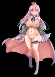 2020 arms_behind_back black_background blue_eyes blue_hair blush breasts cloak crown female female_only huge_breasts long_hair mistynight nipples original original_character pink_eyes pink_hair princess princess_ebel'e'anna_(pikemoo) pussy thighs