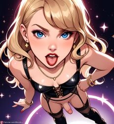 ai_generated blonde_hair boobly boots corset from_above futanari garter_straps girly medium_breasts necklace stockings taylor_swift tongue