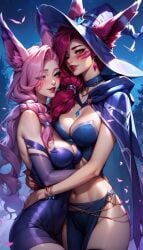 2girls ai_generated animal_ears cape choker earrings funny_ai green_eyes hugging large_breasts league_of_legends lipstick long_ears long_hair looking_at_viewer night outdoors pink_hair red_hair red_lipstick seraphine_(league_of_legends) taller_girl vastaya witch_costume witch_hat xayah