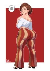 1girls ass ass_focus english_text female female_focus female_only flare_pants helen_parr large_ass light-skinned_female light_skin looking_at_viewer looking_back mature_female milf parvad solo text the_incredibles thighs