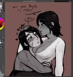 artist:viscuntis big_breasts blushing blushing_at_partner clothed cuddling dirty_talk face_on_breast genderswap genderswap_(mtf) javier_escuella john_marston pet_play petting pre_sex puppygirl red_dead_redemption_(series) red_dead_redemption_2