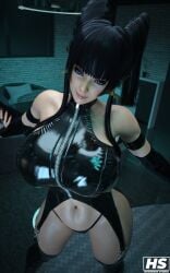 3d ass big_ass big_breasts black_hair breasts dead_or_alive demon demon_girl hagiwara_studio looking_at_viewer nyotengu purple_eyes slim_waist thick_thighs wide_hips