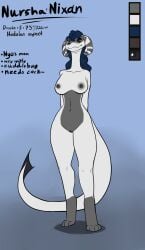 anthro belly black_eyes blue_hair curved_horn draako english_text female fin grey_belly hair hi_res horn long_neck mature_female nude nude_female nursha_nixan nyo_la_nixan reference_image smile solo striped_horn stripes tail tail_fin text thick_thighs white_body