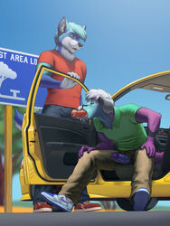 2014 anthro arm_support black_nose blue_fur blue_hair blue_penis blue_sky blur blush canine captain_otter car clothed clothed_sex clothing cyan_fur dripping duo elvin english_text erection eye_contact fellatio flottsky focus_blur fur gay green_eyes hair hand_on_knee happy happy_sex holding_penis humanoid_penis interspecies jad'thor looking_down male male/male male_only mammal meesh mitsubishi multicolored_fur mustelid nike oral otter outside pants penis penis_through_fly poking_out precum public purple_penis saliva sex shirt shoes sitting sky smile sneakers spread_legs spreading standing text tongue tree two_tone_fur white_fur white_hair wolf wood yaoi yellow_eyes