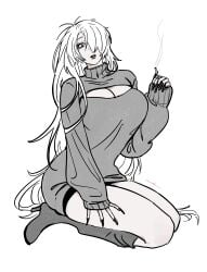alternate_costume big_breasts boots cleavage cleavage_cutout female female_only fully_clothed gegege_no_kitarou genderswap_(mtf) hair_over_one_eye high_heel_boots iamurako keyhole keyhole_turtleneck kitarou_tanjou_gegege_no_nazo long_fingernails long_hair looking_at_viewer medama_oyaji_(human) monochrome rule_63 sitting solo sweater sweater_dress turtleneck turtleneck_sweater very_long_hair