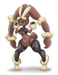 angry bottomless breasts clothed clothing female fur half-dressed lagomorph legwear looking_at_viewer lopunny mammal mega_evolution mega_lopunny nintendo pink_eyes pokemon pokemon_(species) pussy rabbit rifel solo video_games