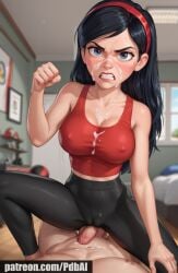 ai_generated angry angry_face big_breasts black_hair cum_on_face large_breasts pdbai punch sportswear tagme the_incredibles tight_clothing violet_parr yoga_pants