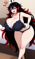 ai_generated amber_eyes angry black_hair bra flesh_fang gradient_hair large_breasts long_hair panties smile sorceress sorceress_sophia struggling_to_fit thick_thighs villainess