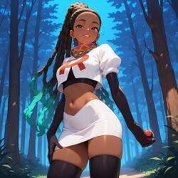 ai_generated bottomless brown_skin c.c.leah cosplay dreadlocks kimberly_jackson pokemon_costume skirt street_fighter street_fighter_6 team_rocket_(cosplay) team_rocket_uniform upskirt