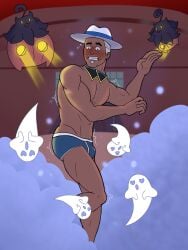 2024 blush bulge cyrano_(pokemon) dark-skinned_male embarrassed ghosts hat heart_eyes male_focus male_only nintendo pokemon pumpkaboo smoke tan-skinned_male tan_skin underwear_only white_hair