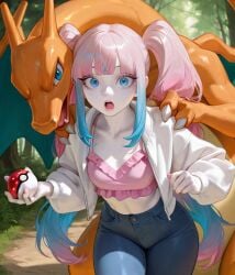 ai_generated bangs bending_over blue_eyes blue_hair charizard ellinor_(plopendil) gradient_hair hands_on_shoulders holding_object interspecies jeans long_hair long_sidelocks long_twintails looking_at_viewer male_behind_female open_mouth original_character pale_skin pink_hair pink_top plopendil pokeball pokemon pokemon_(species) small_breasts straight surprised tight_pants twintails two_tone_hair white_jacket