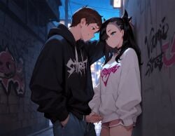 1boy 1girls against_wall ai_generated alley alternate_costume alternate_hairstyle choker couple cute graffiti handjob holding_penis jacket kabedon long_hair marnie_(pokemon) night outdoors pokemon pokemon_ss public shorts smile street victor_(pokemon)