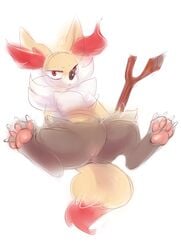 anthro anus braixen canine claws female fox larvitar_(artist) looking_at_viewer mammal nintendo pawpads paws plain_background pokémon_(species) pokemon pokemon_(species) pussy red_eyes solo spreading video_games white_background