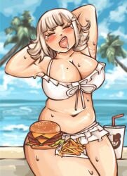 1girls armpit_fetish armpits beach bikini burger busty_female chubby chubby_belly chubby_female curvy_female danganronpa danganronpa_2:_goodbye_despair detailed_armpit fast_food fries junk_food nanami_chiaki ocean_background stretching sweating sweaty thick_thighs video_game_character wafflesbun yawning