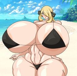 alternate_body_type alternate_breast_size big_breasts bikini blonde_hair breasts colo_wwick_(editor) cynthia_(pokemon) female_only game_freak huge_breasts human human_female human_only hyper hyper_breasts light-skinned_female light_skin nintendo pokemon pokemon_dppt questionable_anatomy tasteofchoklit tasteofchoklit_(edit)