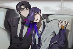 2boys 2d 2d_(artwork) 2d_artwork alcohol background black_eyes black_eyes_male black_hair black_hair_male black_suit blush blushing_male brown_eyes brown_eyes_male cup drunk drunk_male embarrassed embarrassed_male holding holding_object library_of_ruina looking_at_another male_only mouth_opened no_watermark open_mouth opened_mouth project_moon purple_hair purple_hair_male roland_(library_of_ruina) short_hair short_hair_male sofa white_sofa yesod yesod_(library_of_ruina) yujin12345