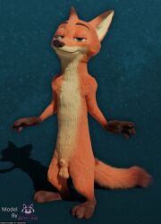 3d_(artwork) absurd_res animal_genitalia animal_penis anthro balls belly black_nose blender_(artwork) canid canine claws cream_belly digital_media_(artwork) disney fluffy fluffy_tail fox front_view fur genitals gloves_(marking) green_eyes hi_res long_body looking_at_viewer male male_only mammal markings mouth_closed nick_wilde nude on_model orange_body orange_fur penis pink_penis red_fox retracted_sheath rockyrcoon sheath short_legs smile solo standing tail teeth true_fox underbelly zootopia